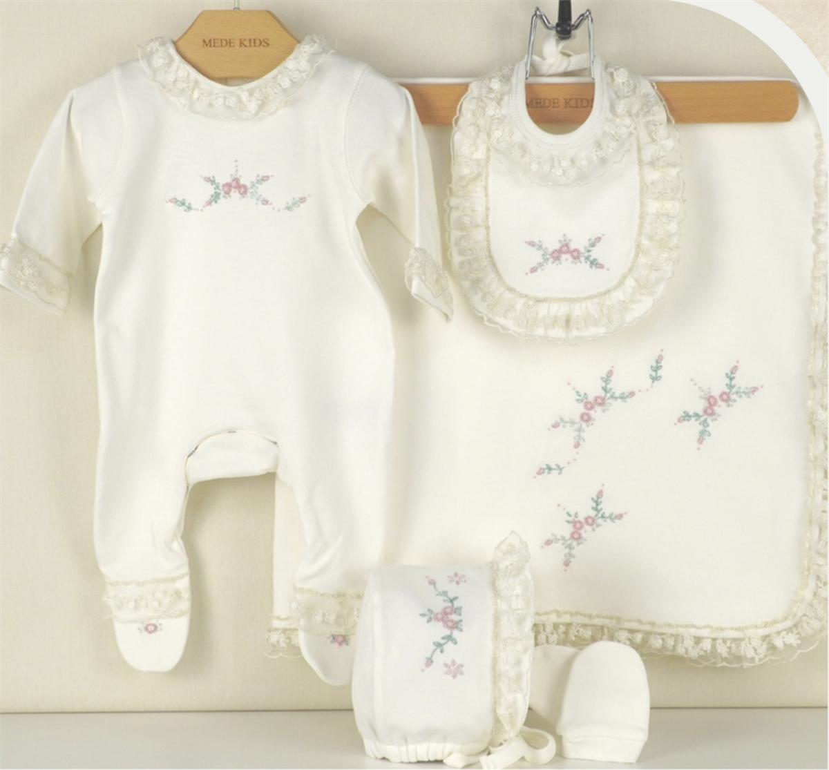 Medekids Beyaz İnci Penye 5'li Set Ekru & Pembe 0-3 Ay