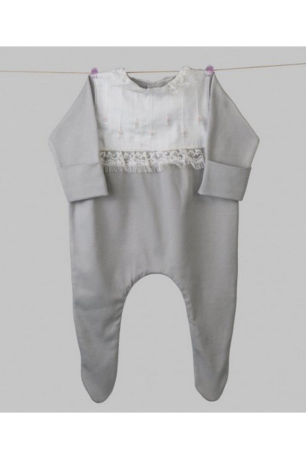Medekids Gonca Nervürlü Ayaklı Tulum Gri-Pembe 0-3 Ay