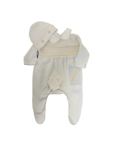 Medekids Plitingli Penye Ayaklı Tulum (Şapka&Eldiven) Ekru-Sarı 0-3 Ay