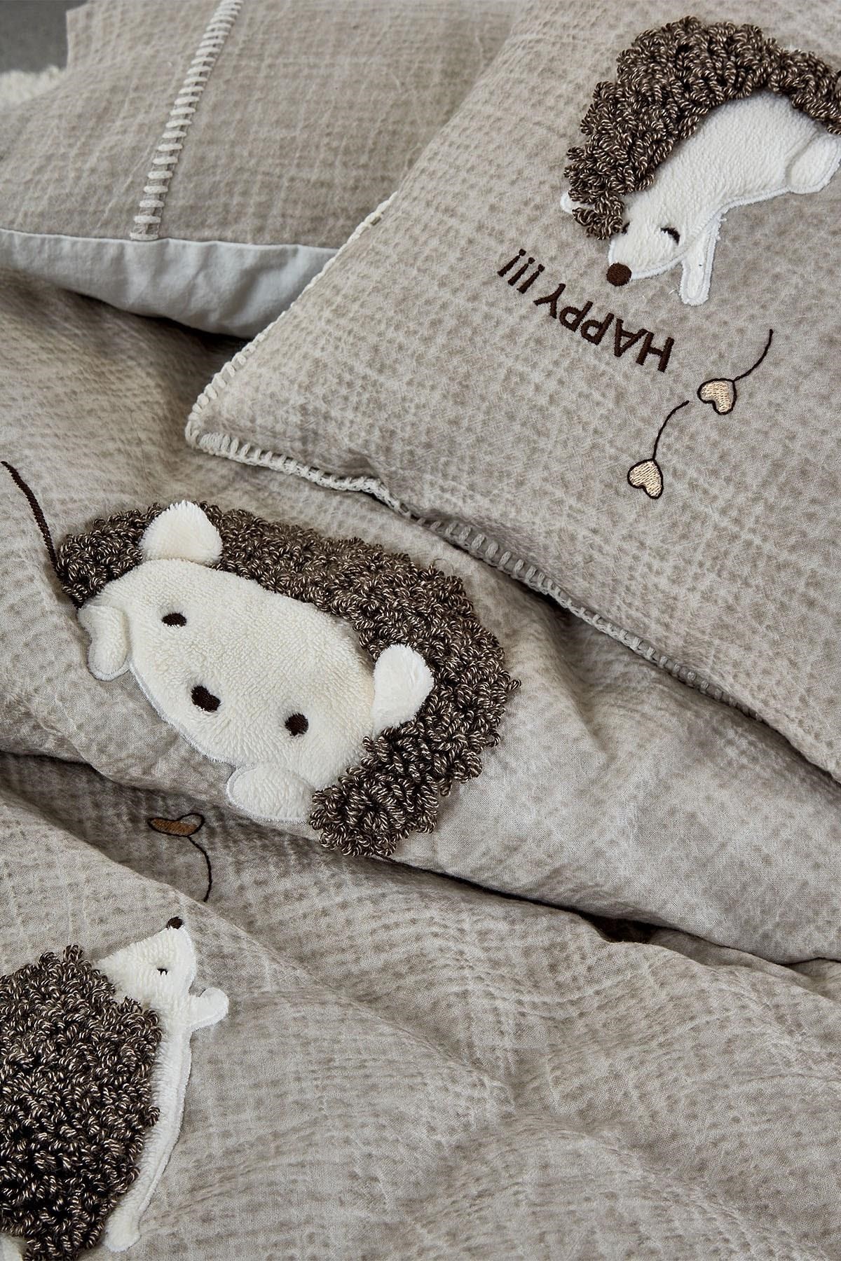 Migala Bebek Nevresim Takımı %100 Organik Pamuk Müslin Nakışlı Bej 100x150 Cm