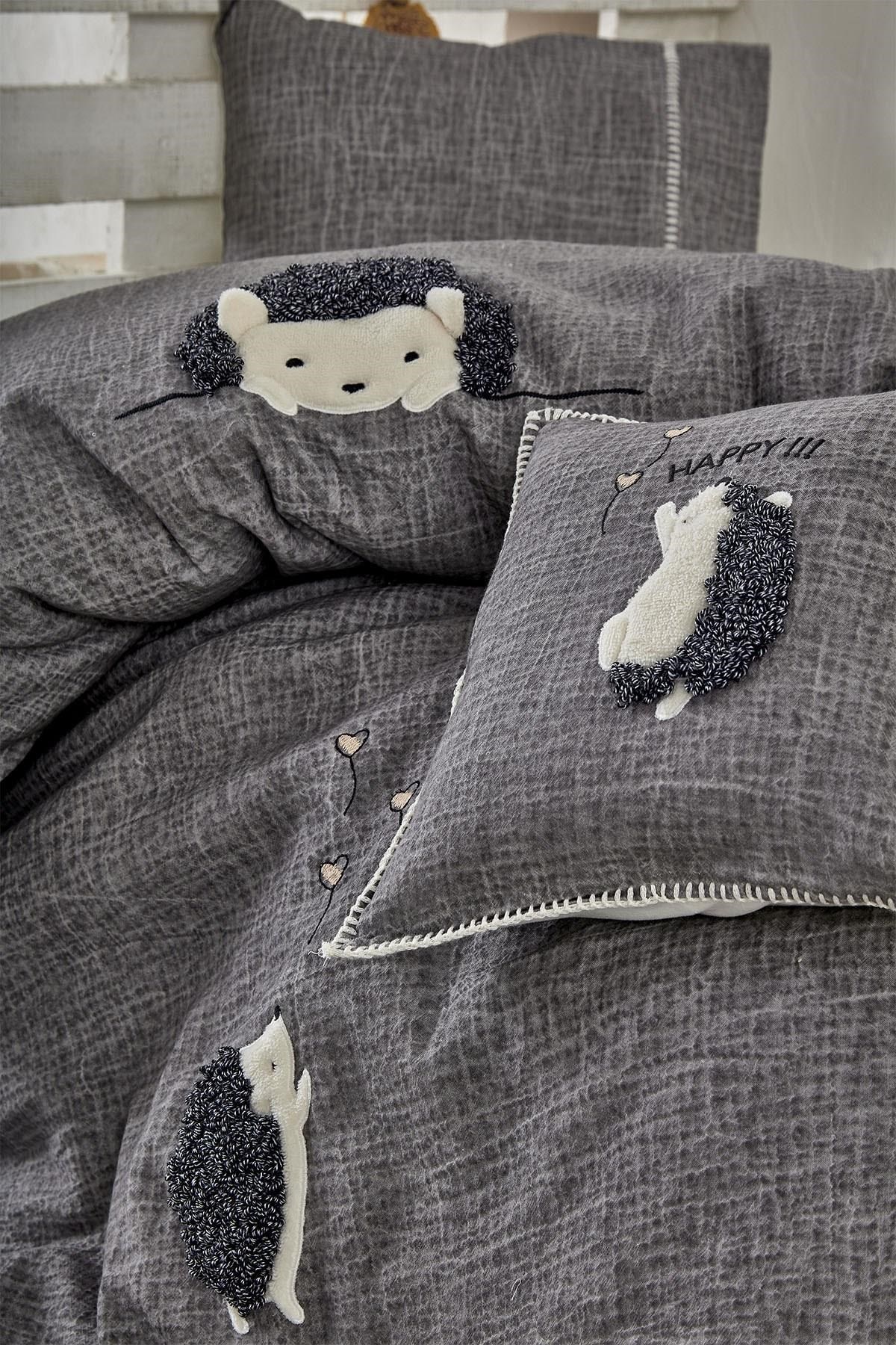 Migala Bebek Nevresim Takımı %100 Organik Pamuk Müslin Nakışlı Gri 100x150 Cm