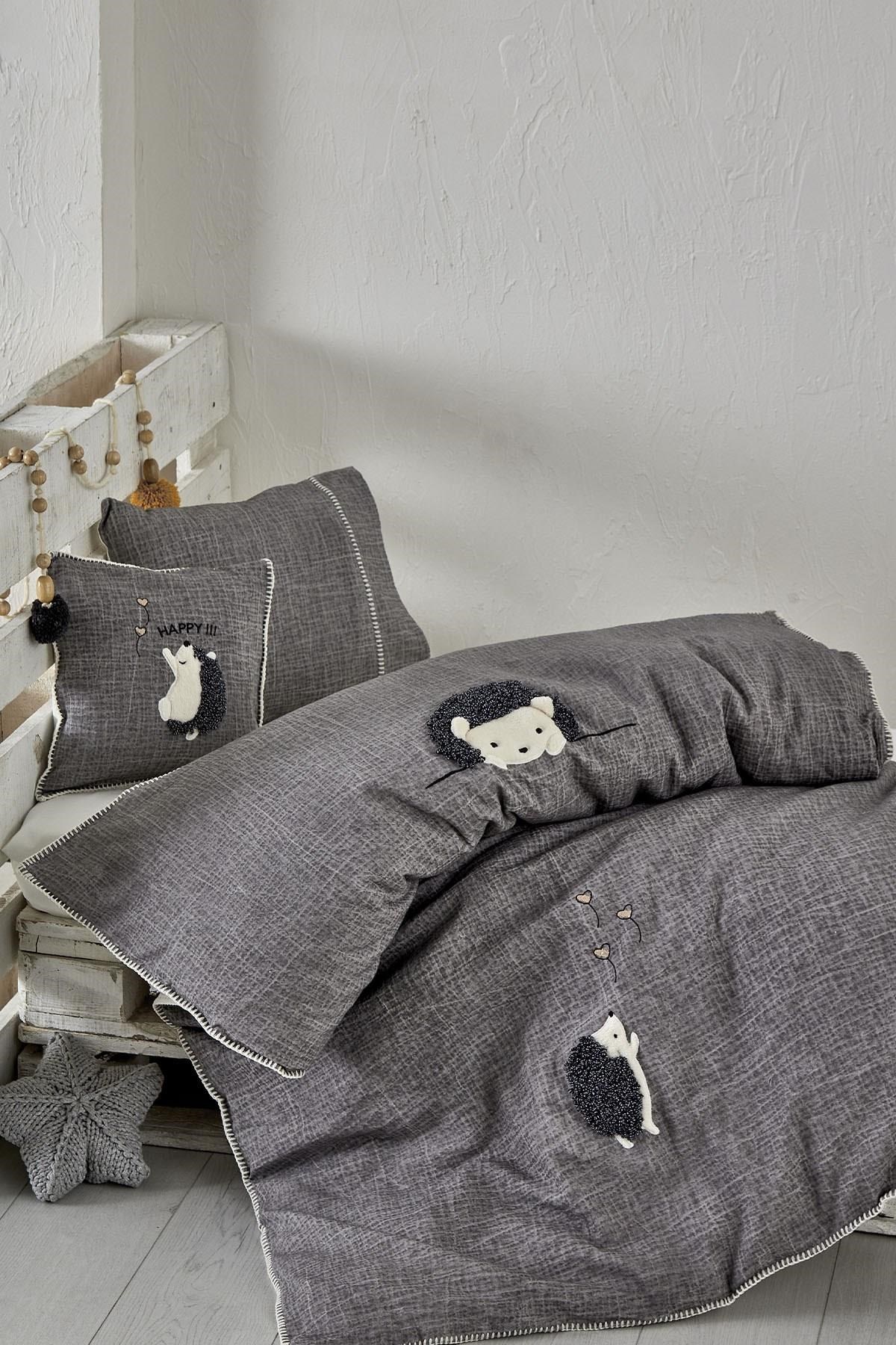 Migala Bebek Nevresim Takımı %100 Organik Pamuk Müslin Nakışlı Gri 100x150 Cm