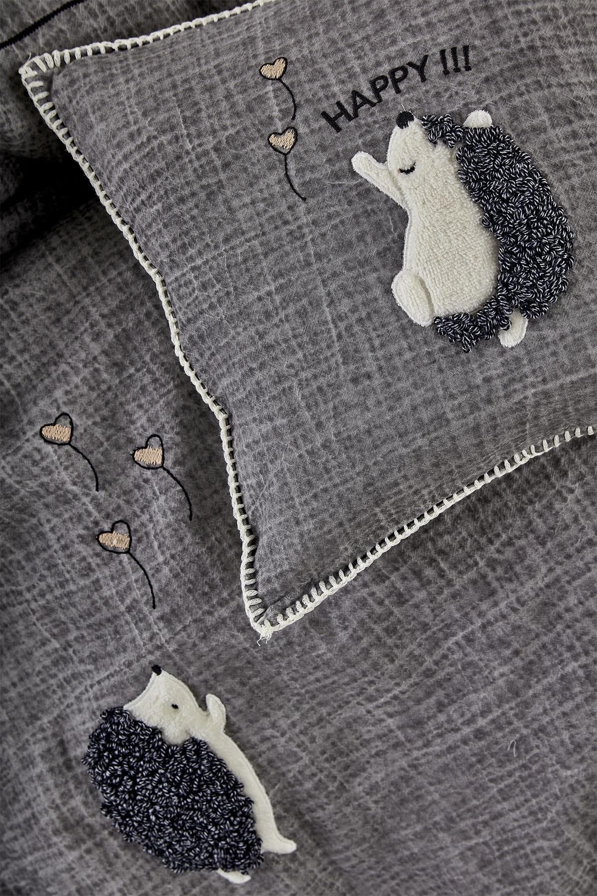 Migala Bebek Nevresim Takımı %100 Organik Pamuk Müslin Nakışlı Gri 100x150 Cm