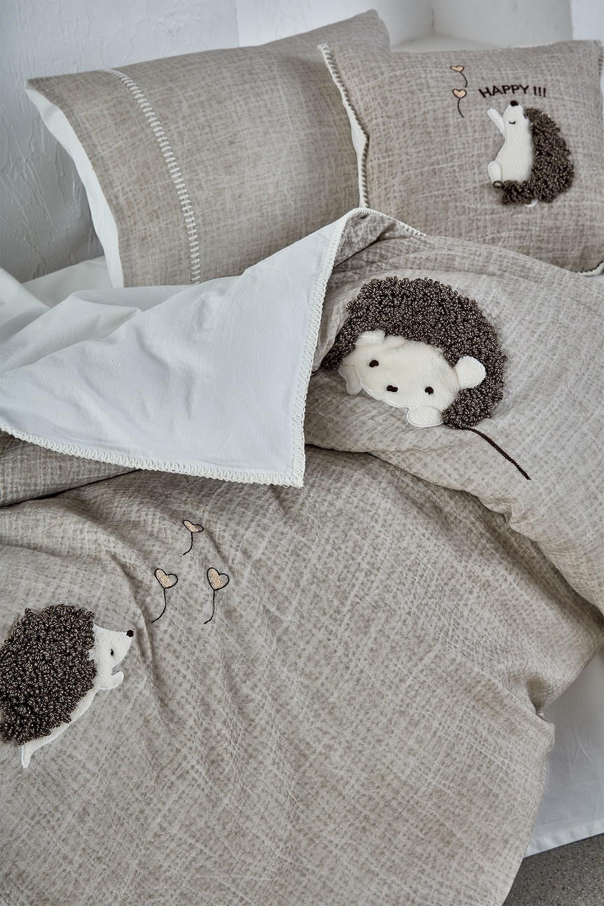 Migala Bebek Nevresim Takımı %100 Organik Pamuk Müslin Nakışlı Bej 100x150 Cm