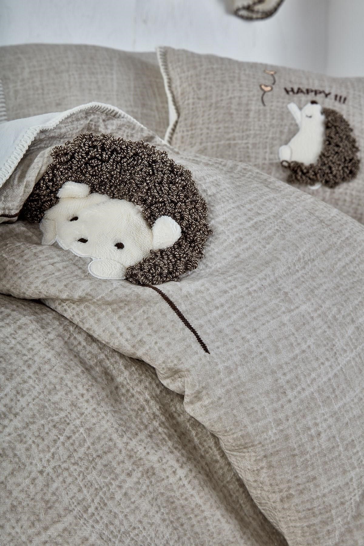 Migala Bebek Nevresim Takımı %100 Organik Pamuk Müslin Nakışlı Bej 100x150 Cm