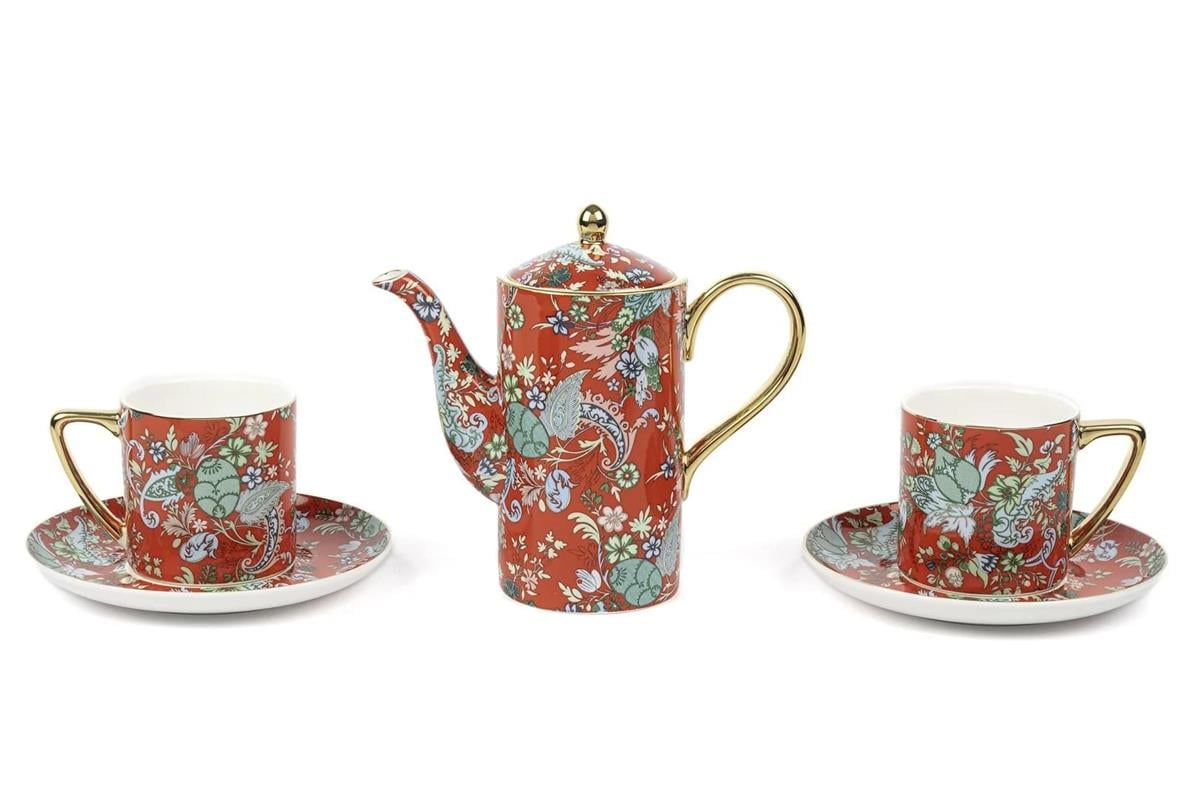 Mikasa Moor Garden Kırmızı 2li Duble Kahve Seti ve Demlik 200CC