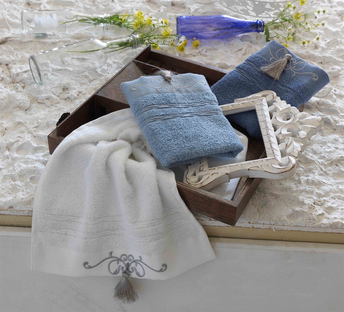 Org Mutfak Havlu 30/50 Emily Beyaz Mavi Açık Mavi