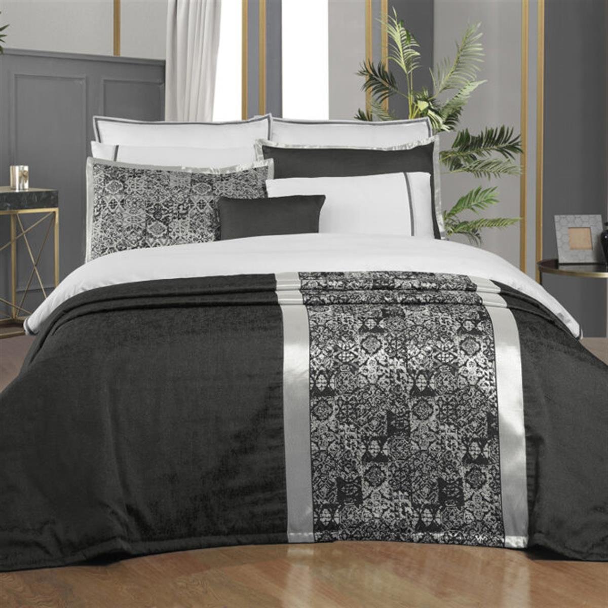 Sarev Boleno Yatak Örtüsü ve Nevresim Takımı Çift Kişilik Gri