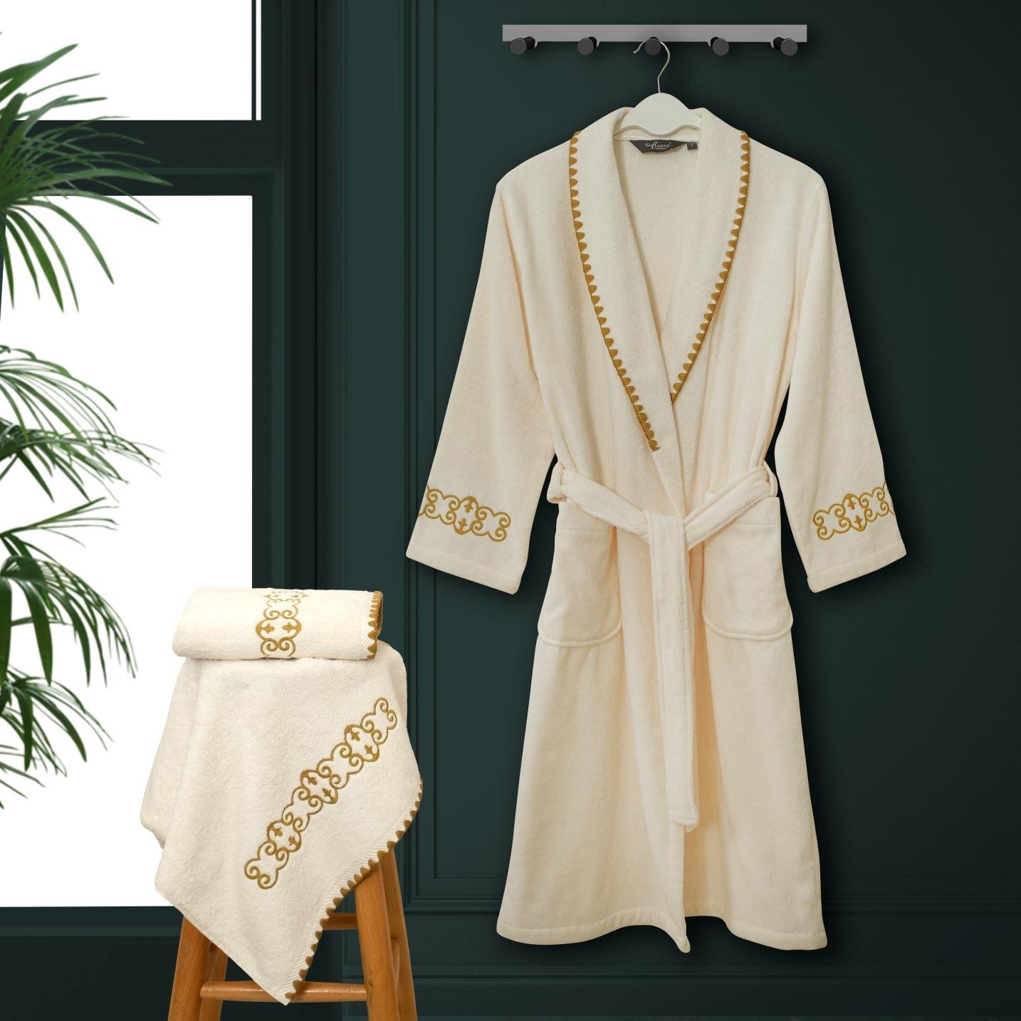 Soft Cotton Mondrian Şalyaka Bornoz Ekru