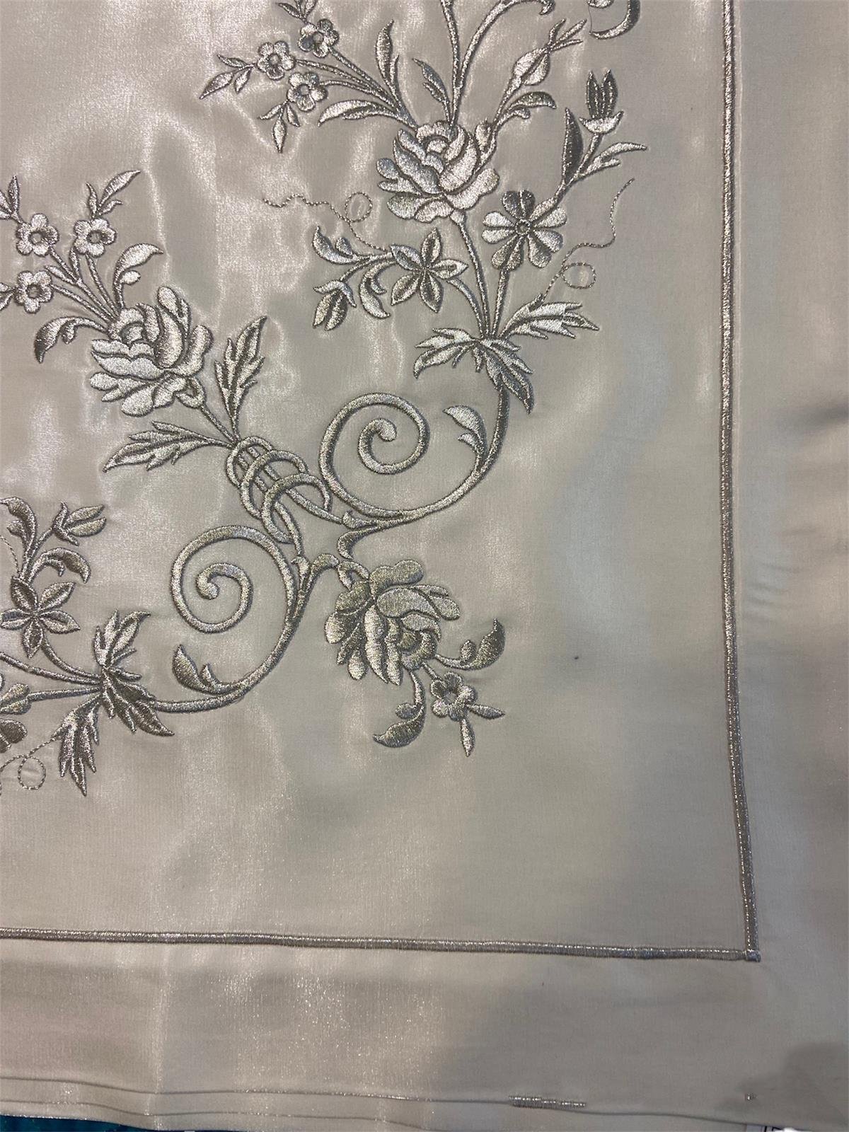 VPH Bohça Gümüş Sim Gül Nakışlı Monoray Ekru 110*110 Cm