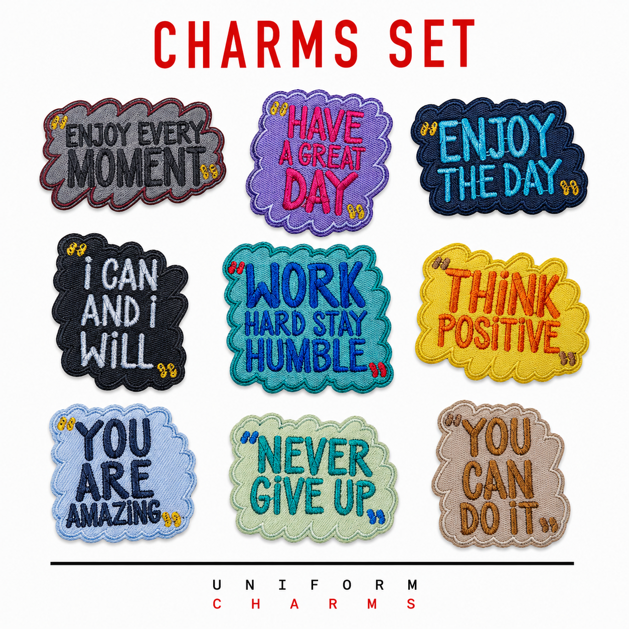Uniform Charms™ Motivasyon Sözleri Seti (9'lu) Broş Charm
