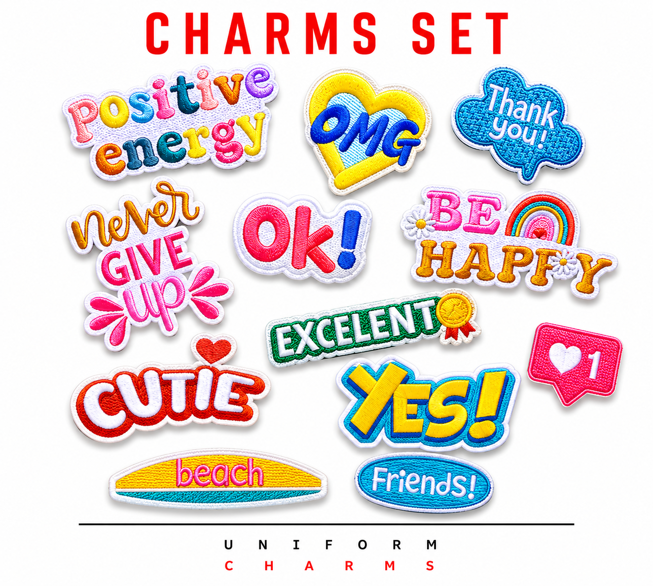 Uniform Charms™ Renkli Sözler Seti (12'li) Broş Charm