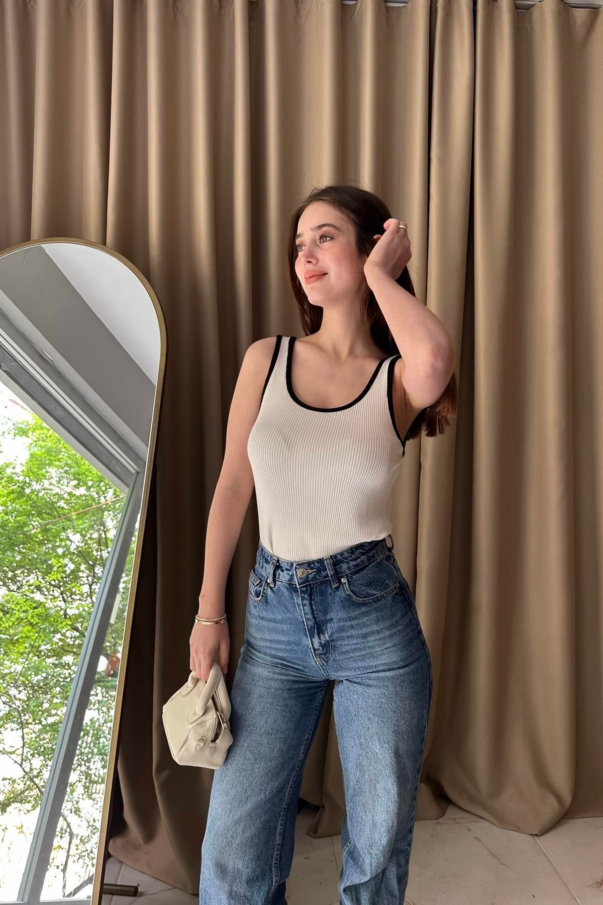 KALI ASKILI FİTİLLİ KONTRAST TRIKO BLUZ