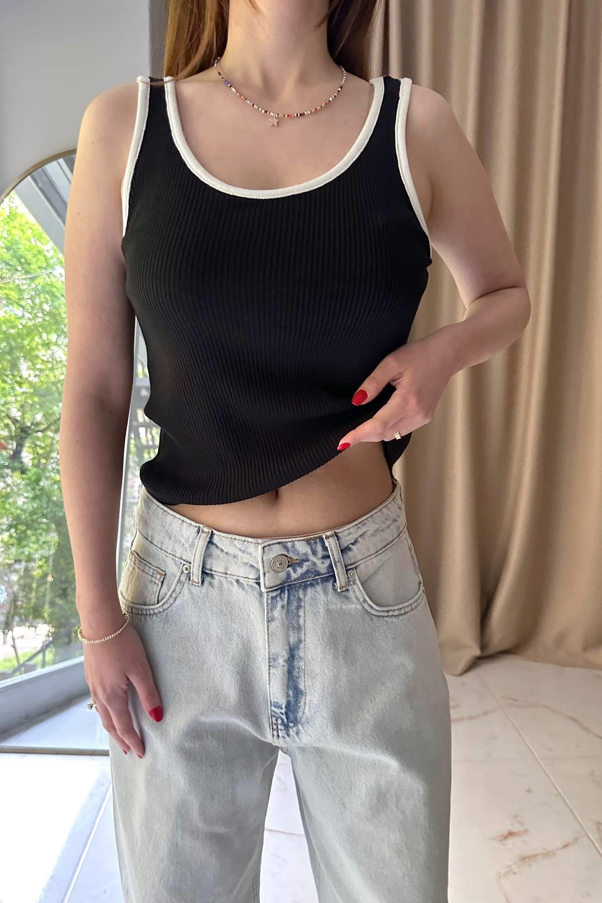 KALI ASKILI FİTİLLİ KONTRAST TRIKO BLUZ