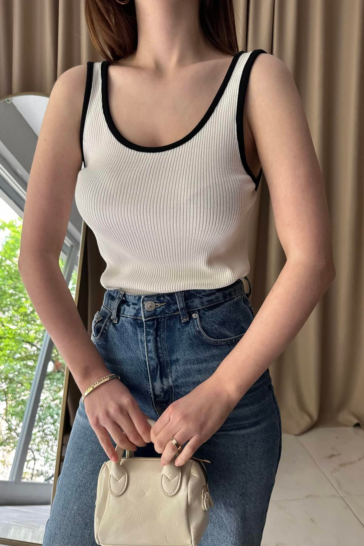 KALI ASKILI FİTİLLİ KONTRAST TRIKO BLUZ