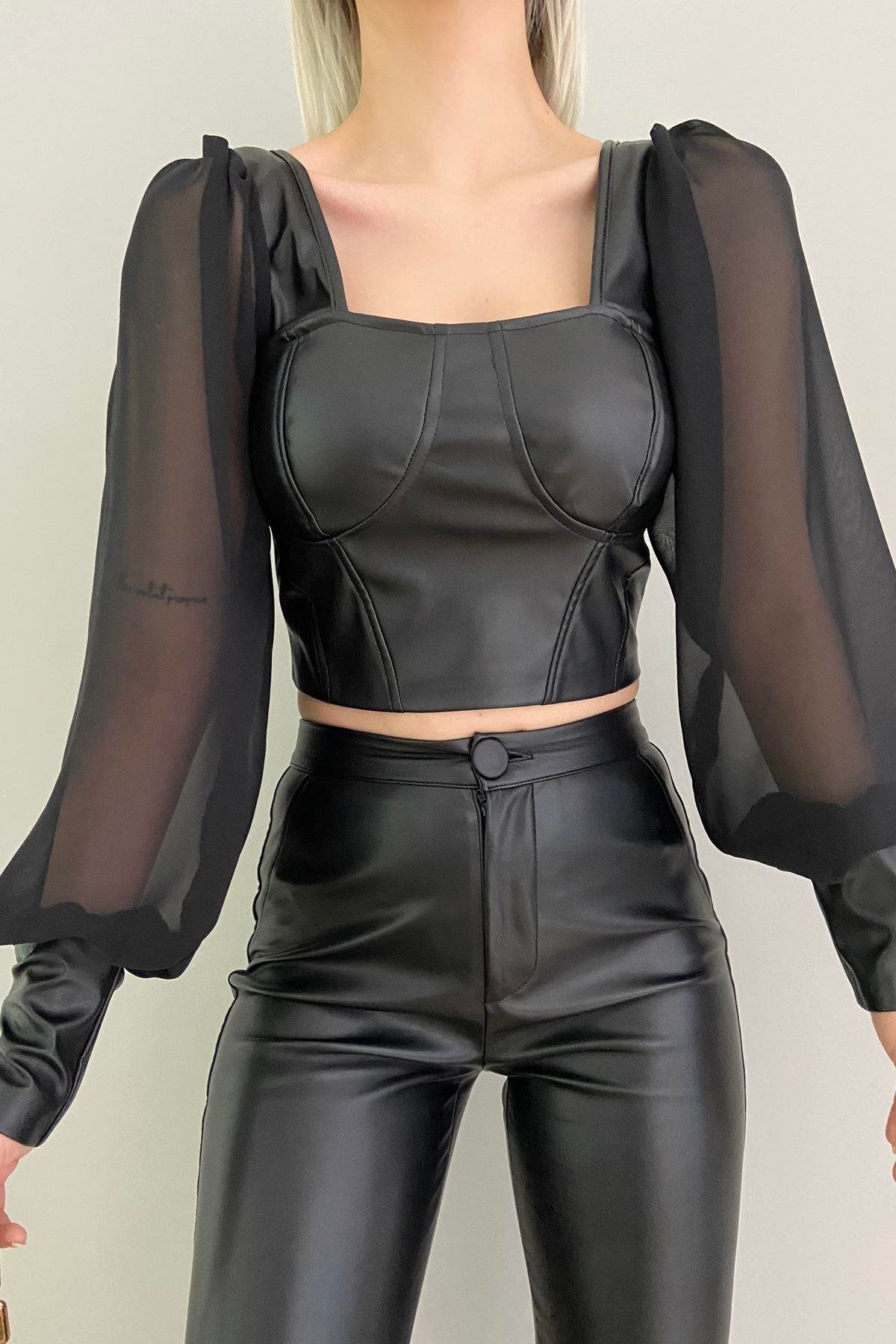 KOLU ŞİFON DERİ CROP BLUZ