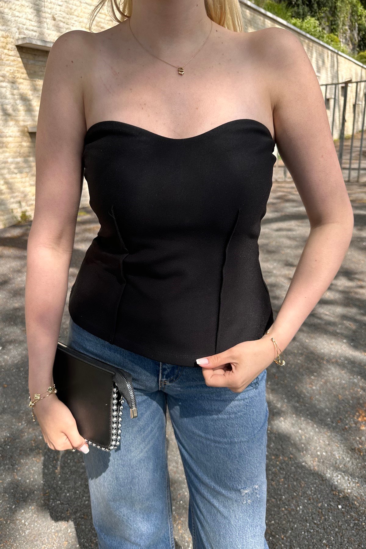 ÖN PİLELİ ÖRME STRAPLEZ BLUZ