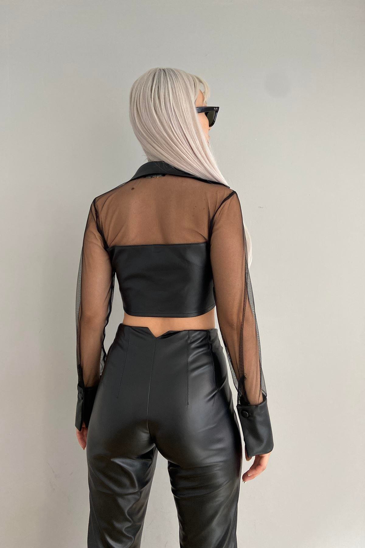TÜL VE DERİ DETAYLI BLUZ