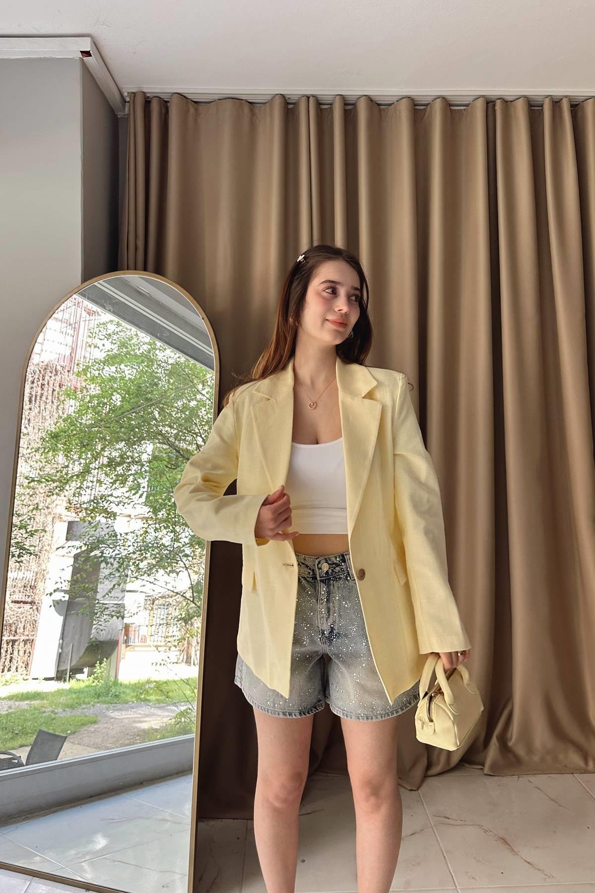 ÇİZGİLİ ASTAR DETAYLI KETEN CEKET