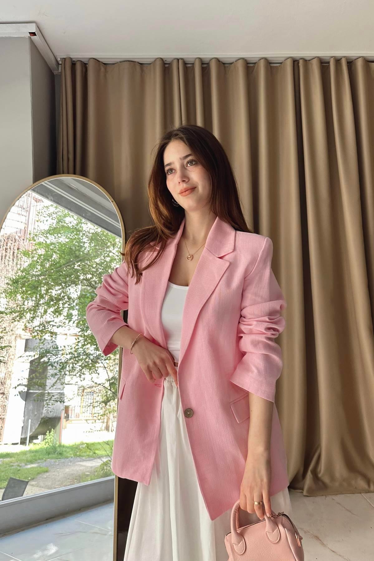 ÇİZGİLİ ASTAR DETAYLI KETEN CEKET
