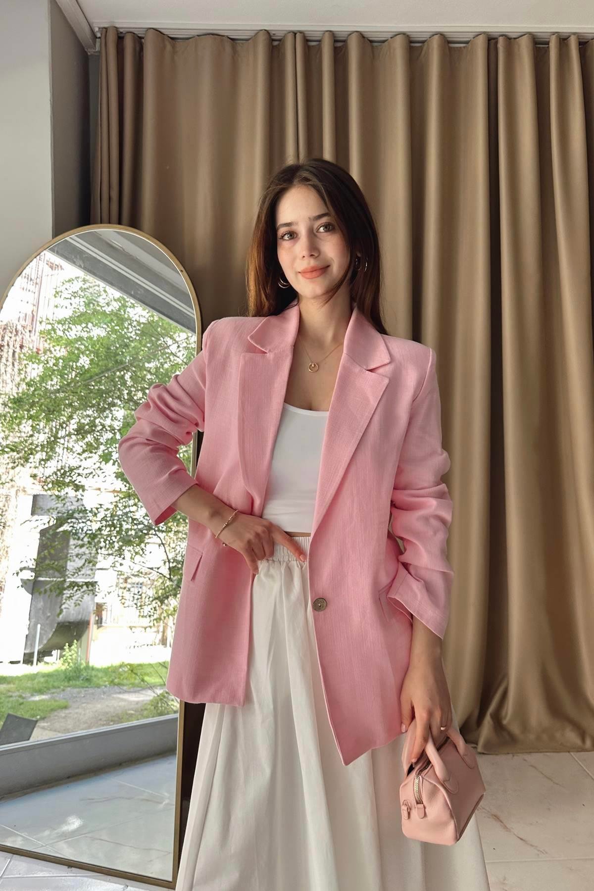 ÇİZGİLİ ASTAR DETAYLI KETEN CEKET