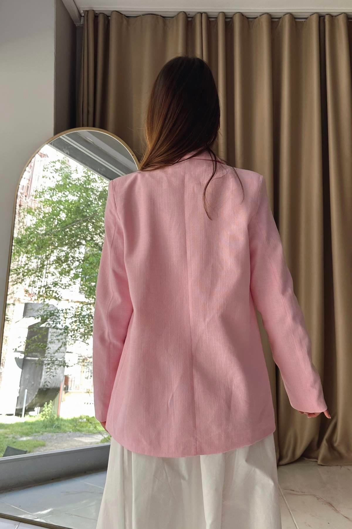 ÇİZGİLİ ASTAR DETAYLI KETEN CEKET