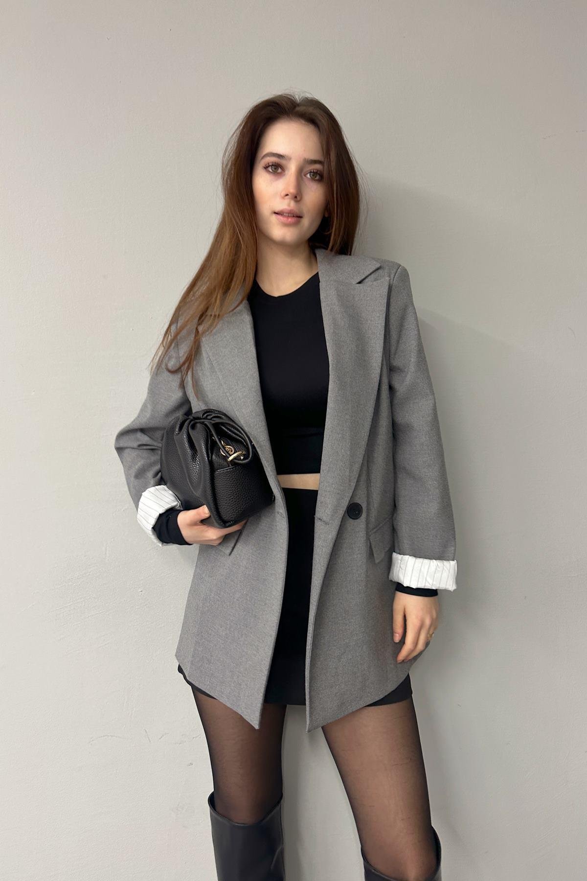 İKİ DÜĞME KRUVAZE YAKA ÇİZGİLİ ASTARLI CEKET