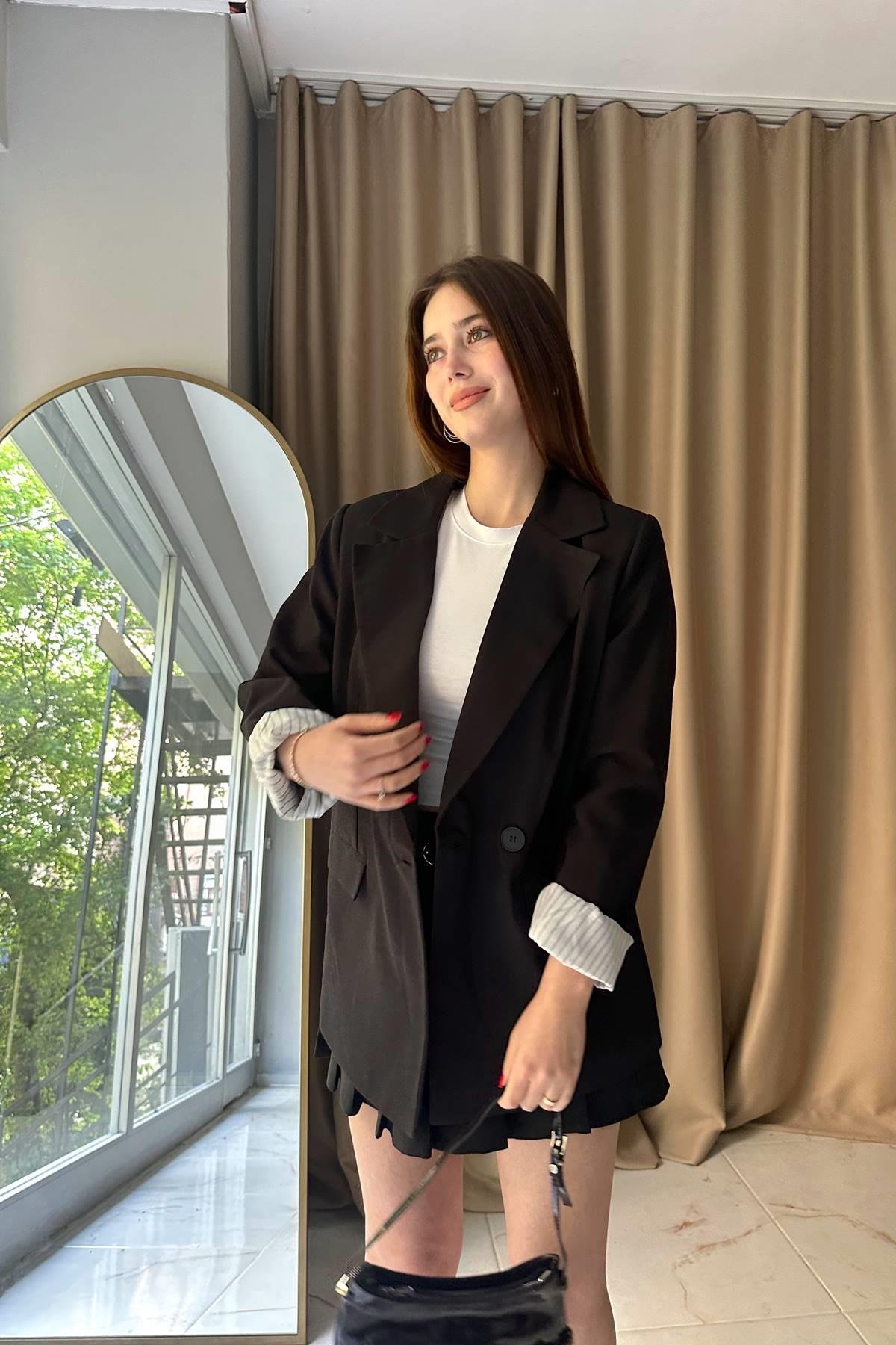 KOL ASTARI ÇİZGİ DETAY KETEN CEKET