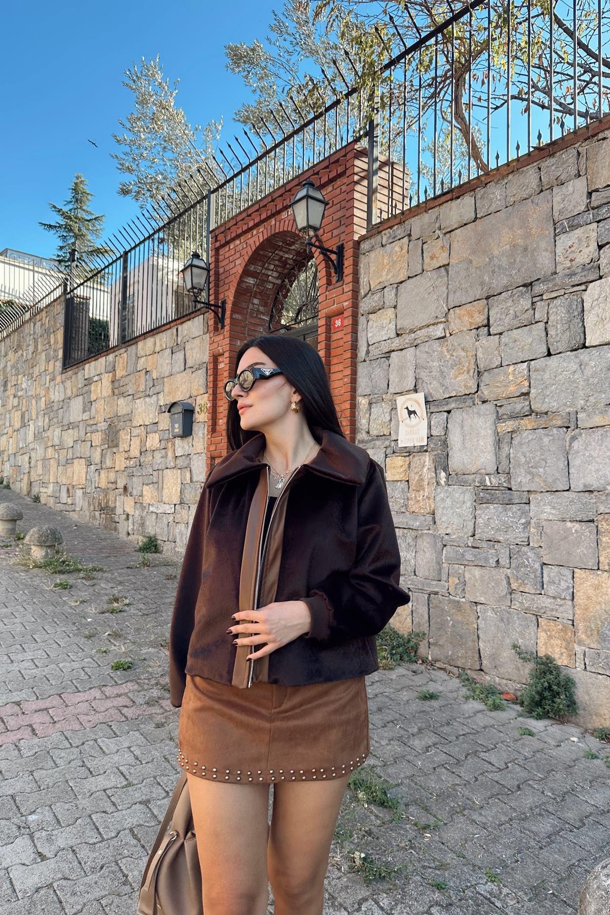 ÖN FERMUARLI DERİ DETAYLI KÜEK CEKET