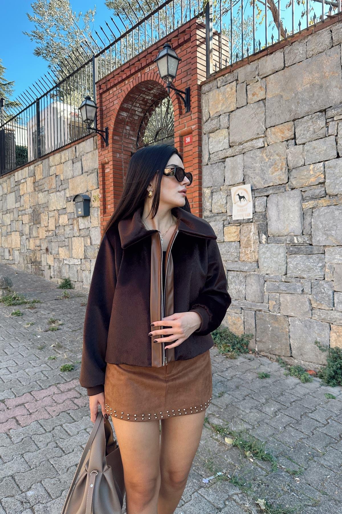 ÖN FERMUARLI DERİ DETAYLI KÜEK CEKET
