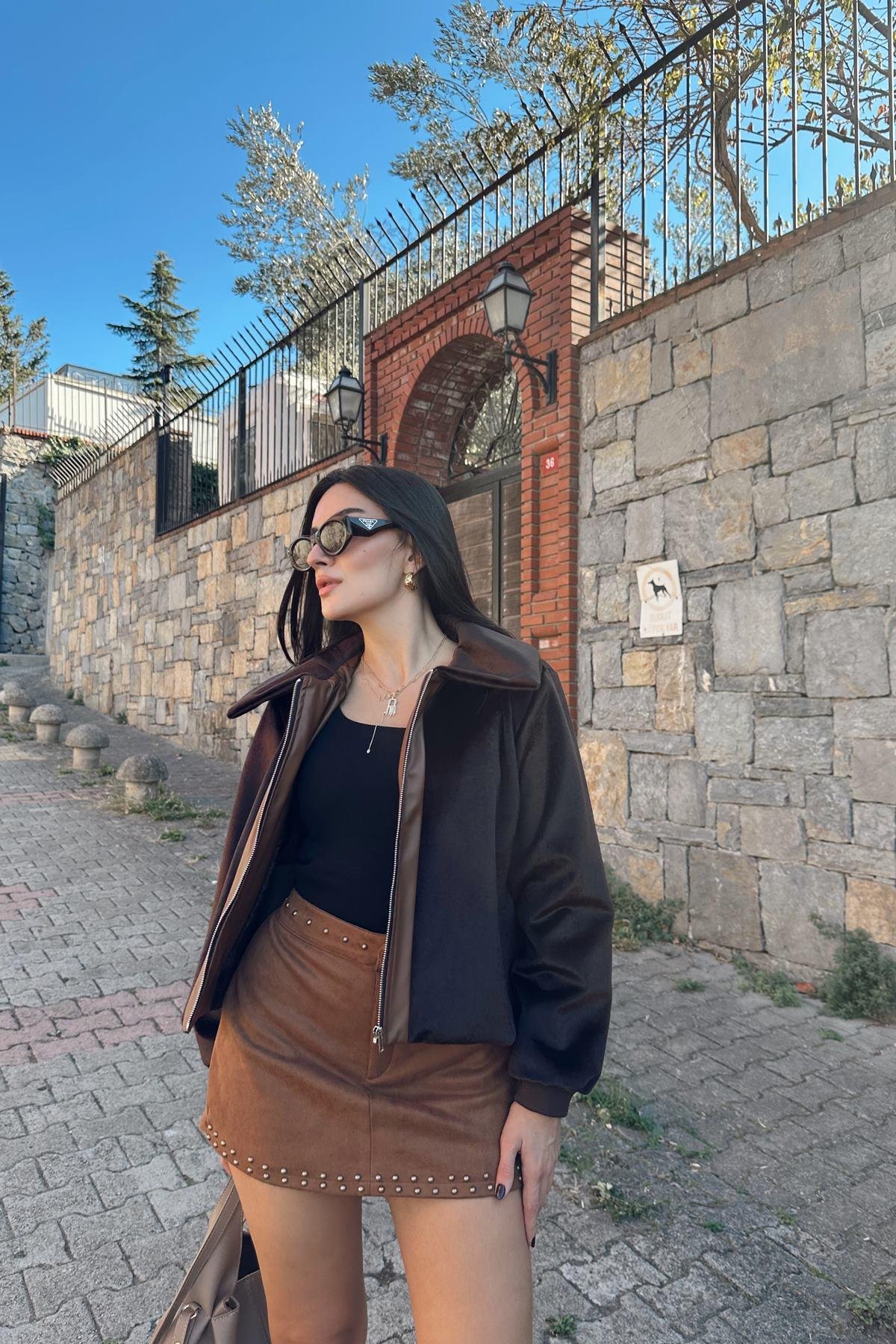ÖN FERMUARLI DERİ DETAYLI KÜEK CEKET