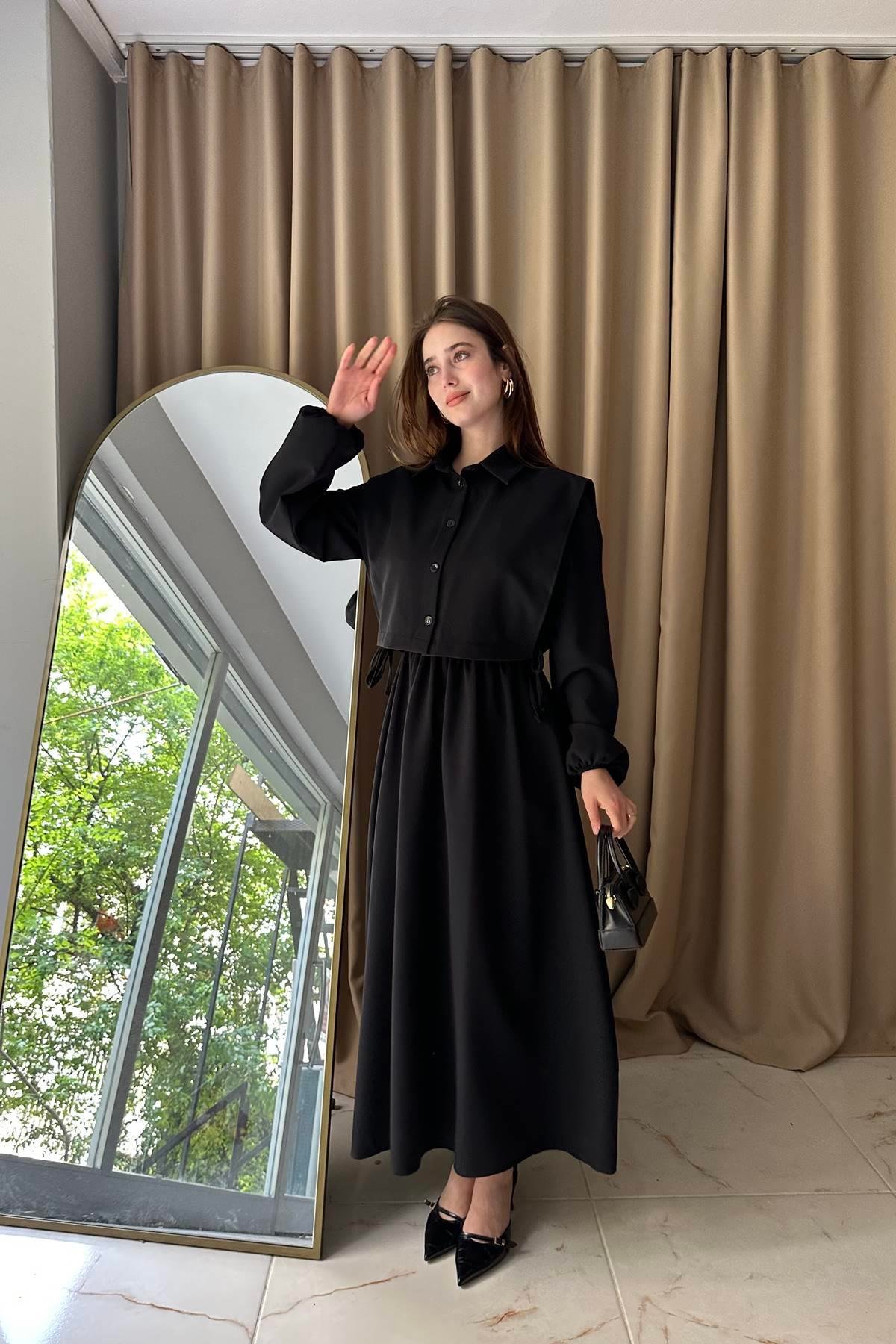BEL BÜZGÜ DETAYLI YELEKLİ ELBİSE