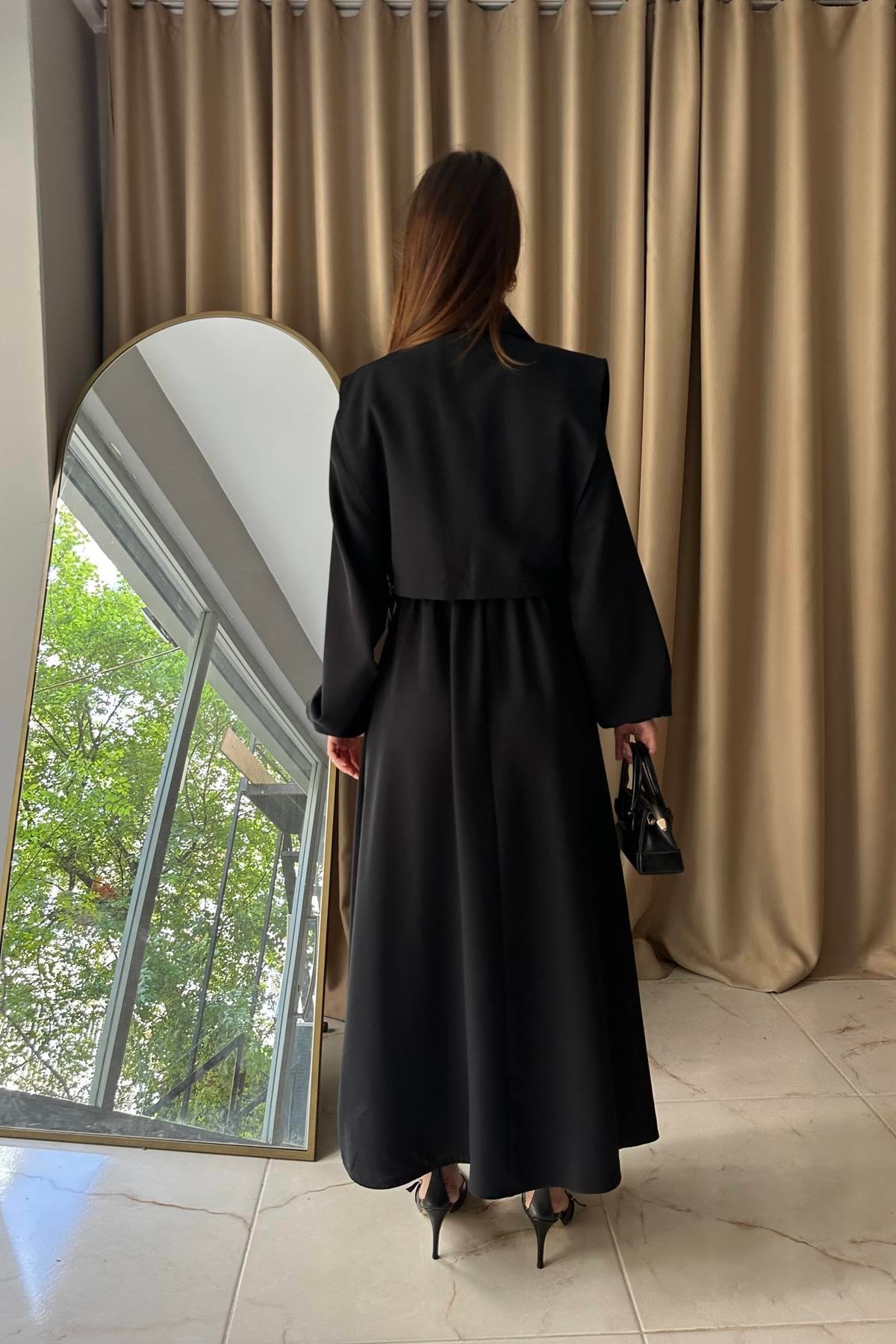 BEL BÜZGÜ DETAYLI YELEKLİ ELBİSE