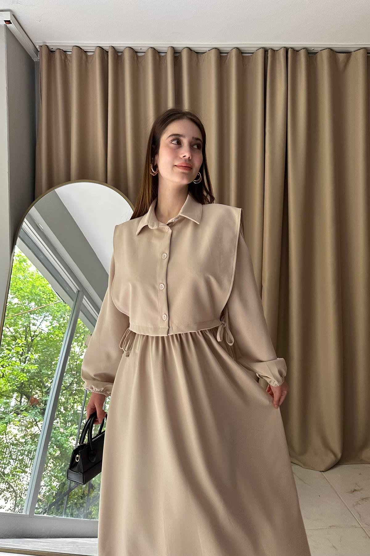 BEL BÜZGÜ DETAYLI YELEKLİ ELBİSE