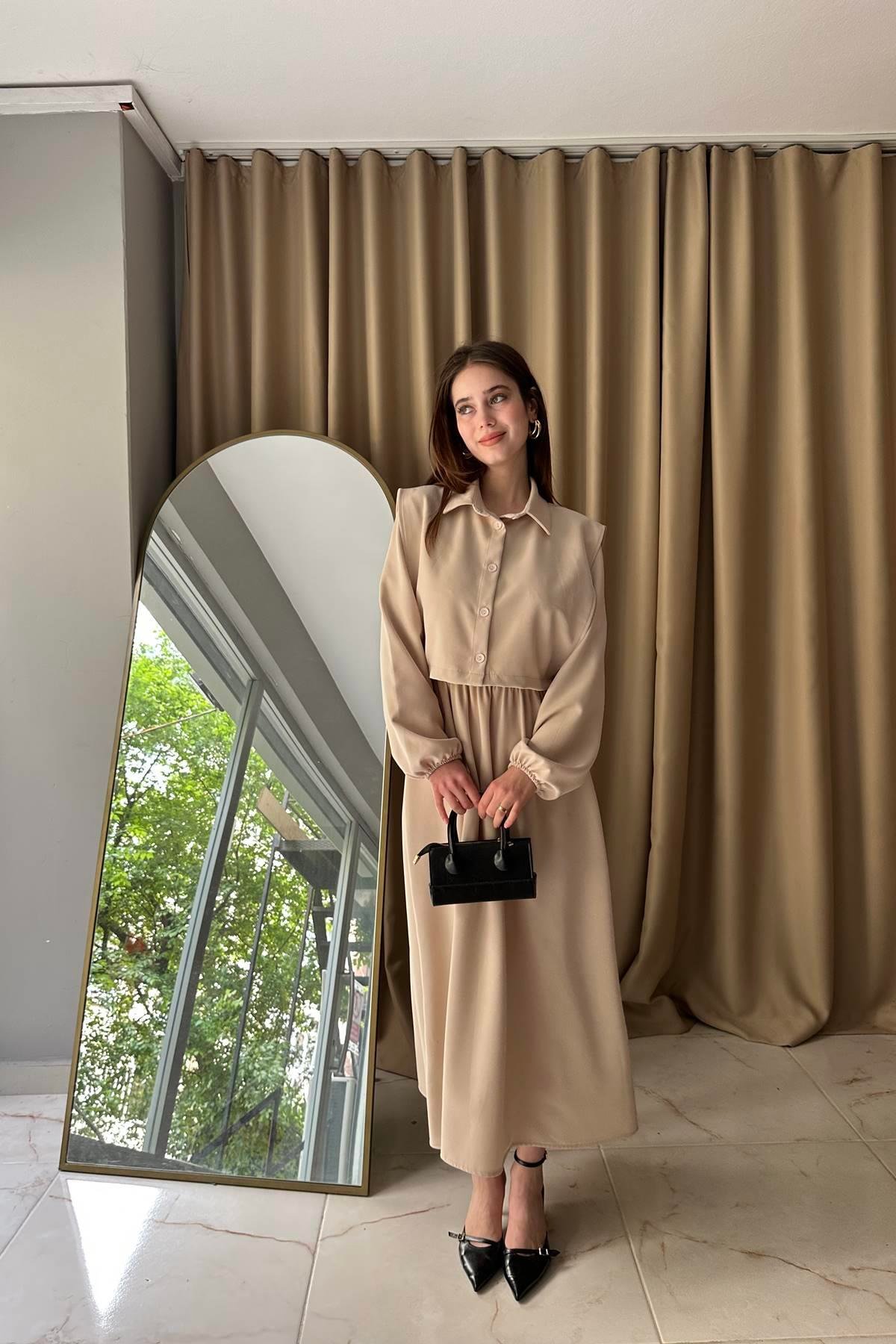 BEL BÜZGÜ DETAYLI YELEKLİ ELBİSE