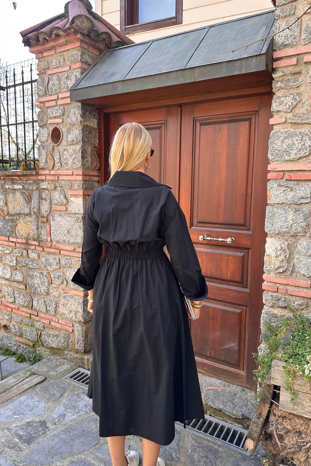 BEL LASTİKLİ KEMER DETAYLI GÖMLEK ELBİSE