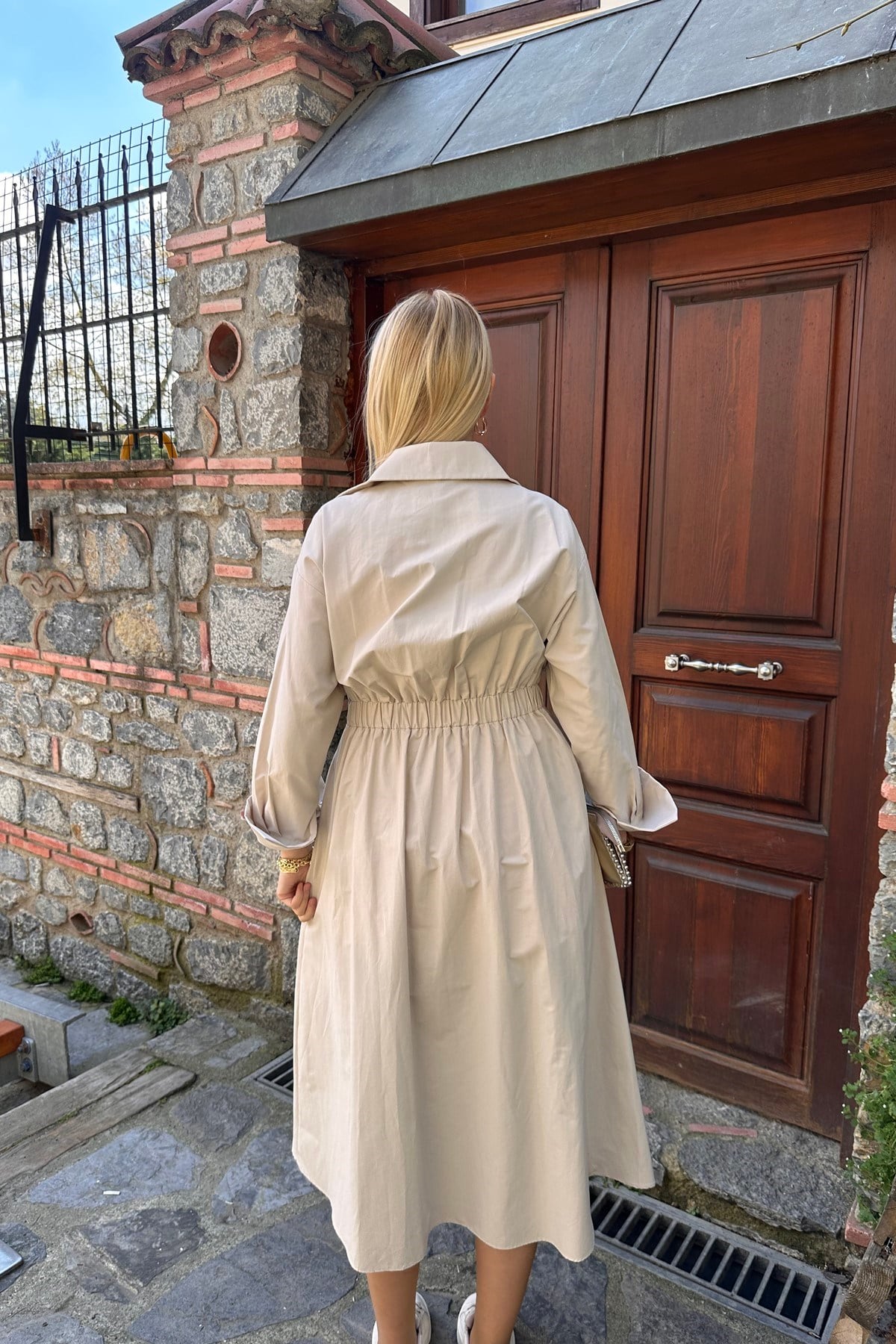 BEL LASTİKLİ KEMER DETAYLI GÖMLEK ELBİSE