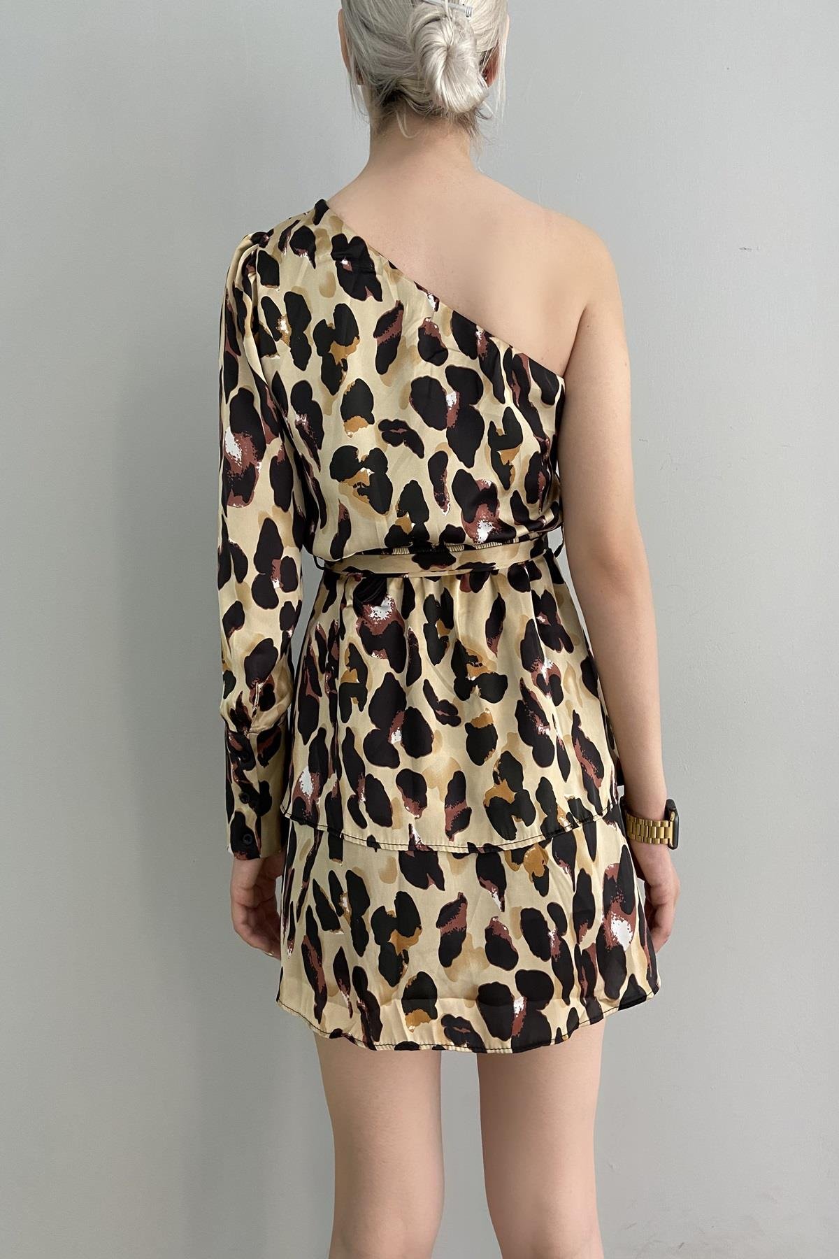 LEOPAR DESEN TEK OMUZ ELBİSE