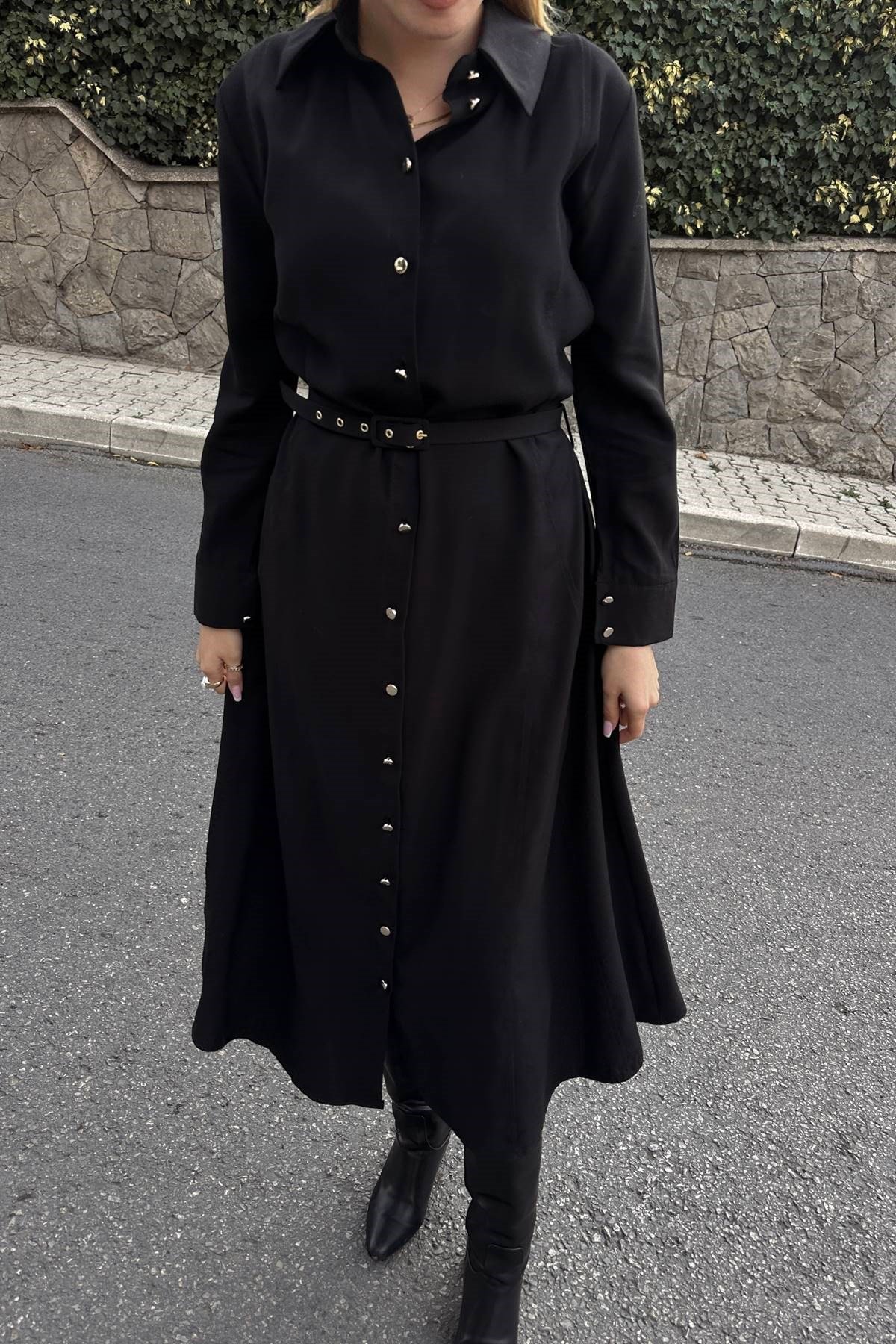 ÖN DÜĞMELİ KEMERLİ TENCEL GÖMLEK ELBİSE