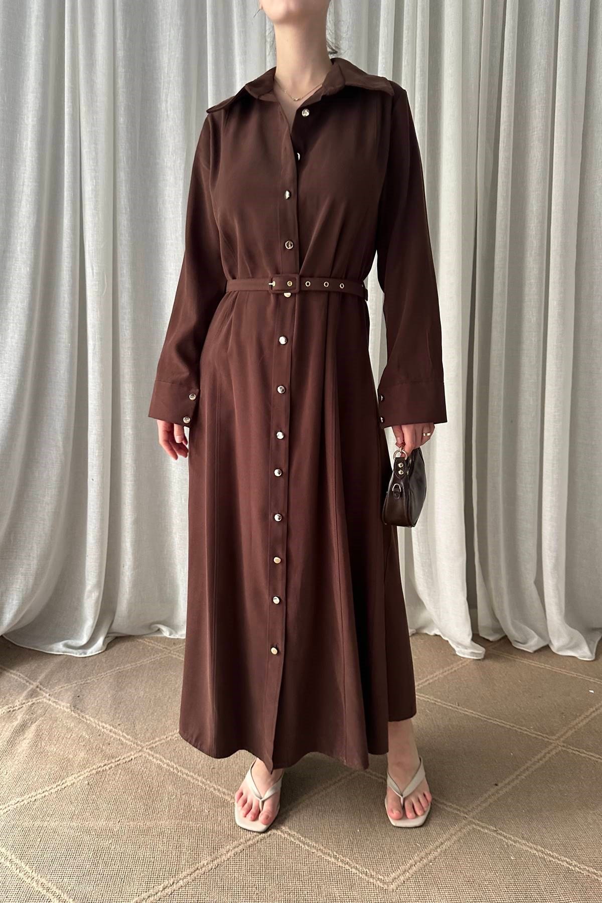 ÖN DÜĞMELİ KEMERLİ TENCEL GÖMLEK ELBİSE