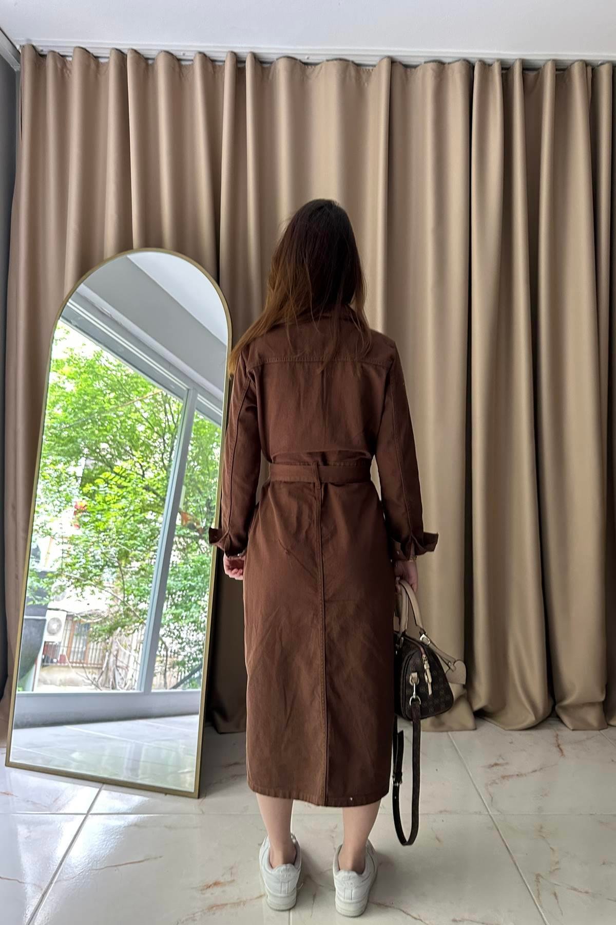 ÖNÜ DÜĞME DETAYLI GABARDİN ELBİSE