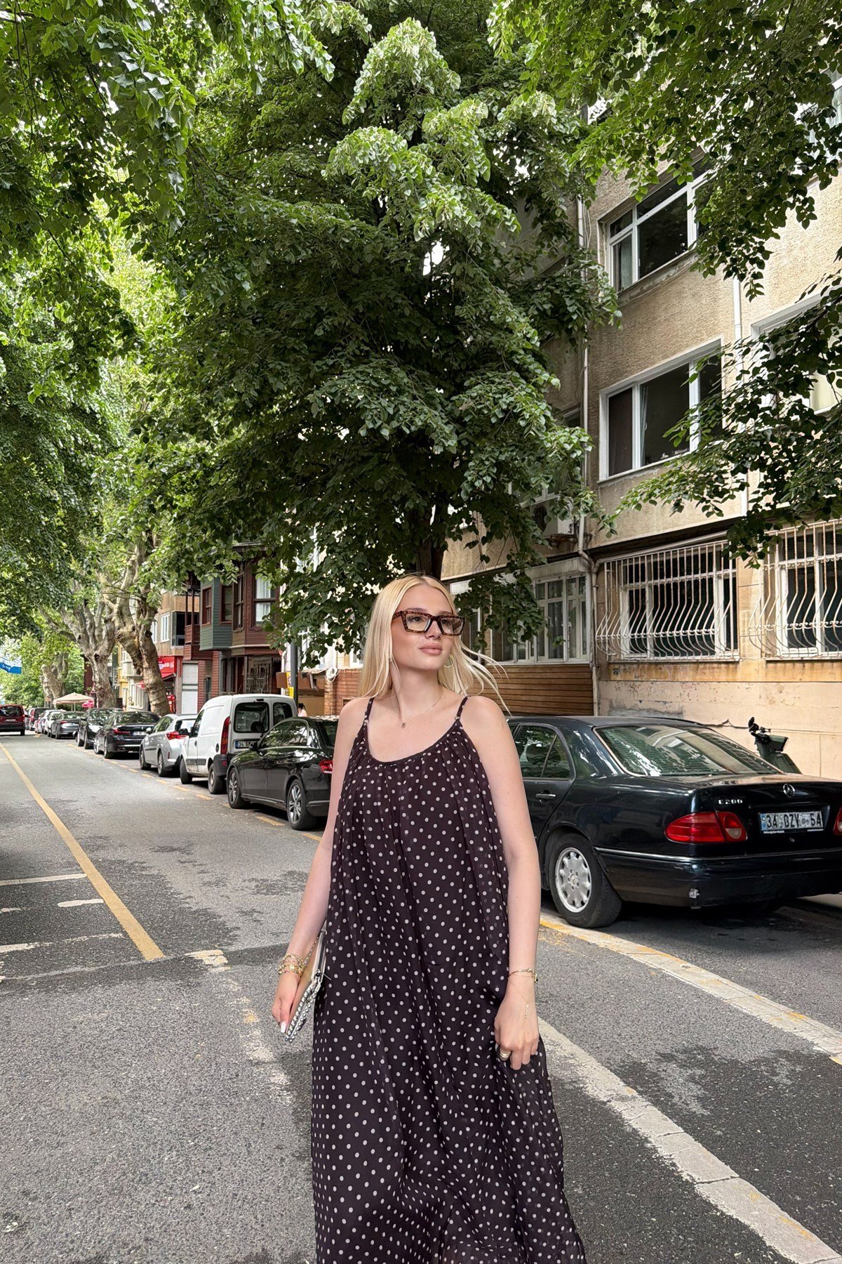 PUANTİYE DESEN ŞİFON ELBİSE