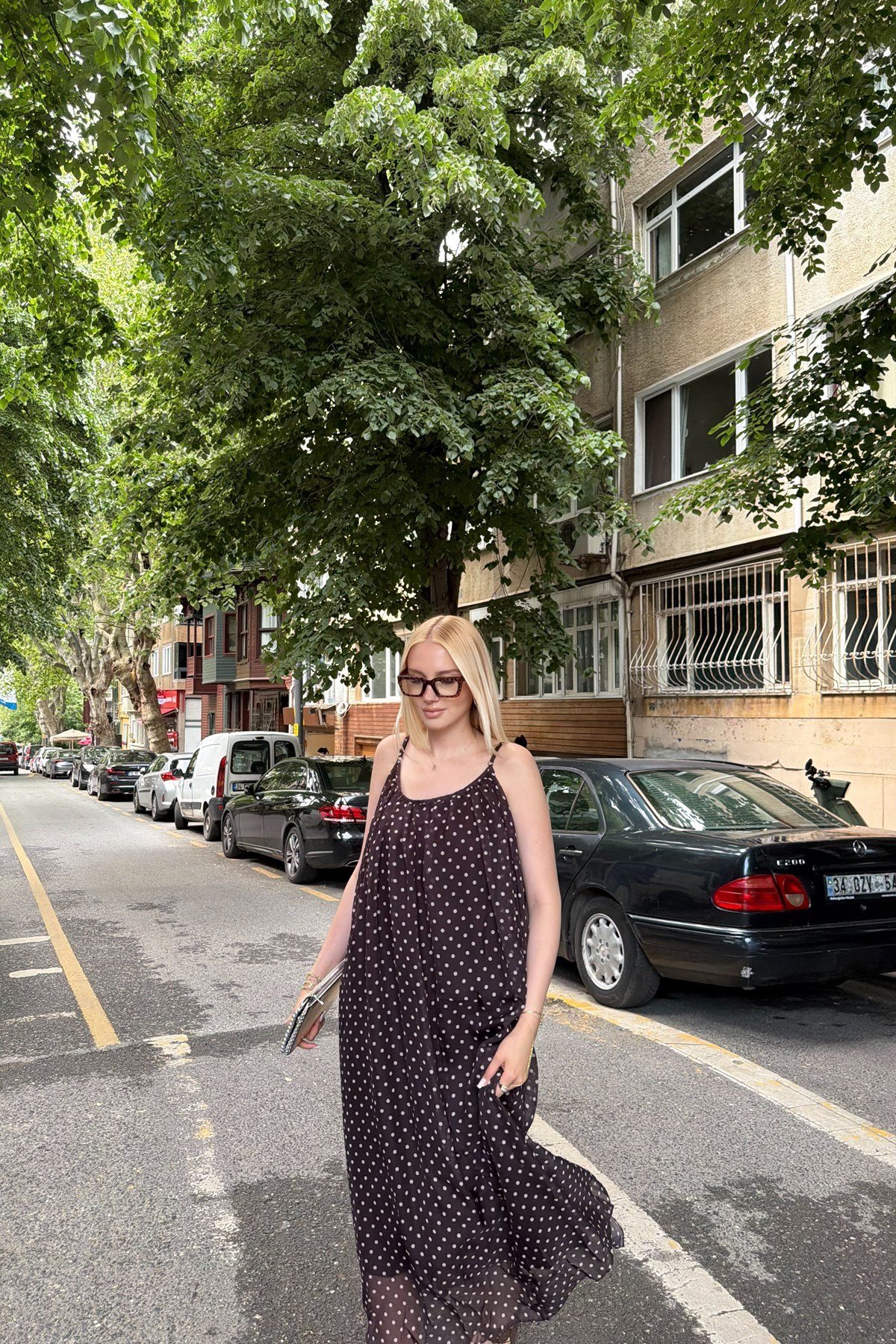 PUANTİYE DESEN ŞİFON ELBİSE