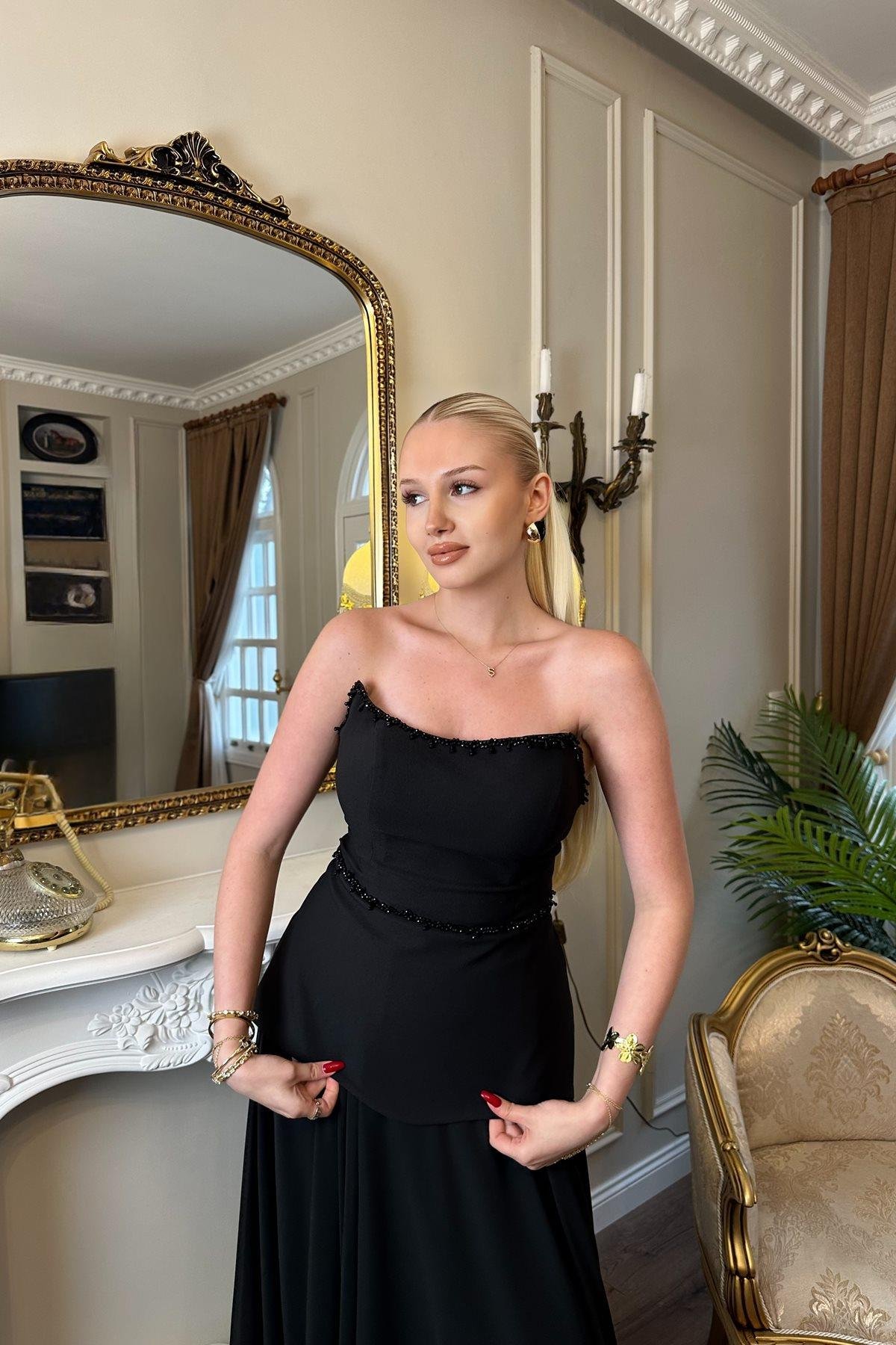 STRAPLEZ ELBİSE ETEĞİ ŞİFON ELBİSE