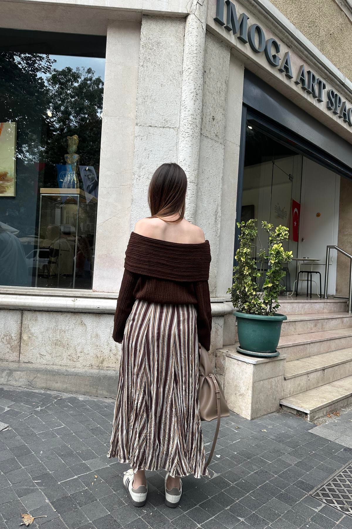 ÇİZGİLİ ŞİFON MİDİ ETEK