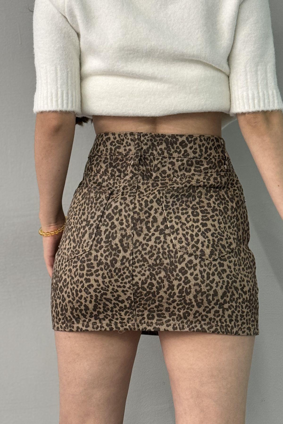 LEOPAR DESEN KISA GABRDİN ETEK