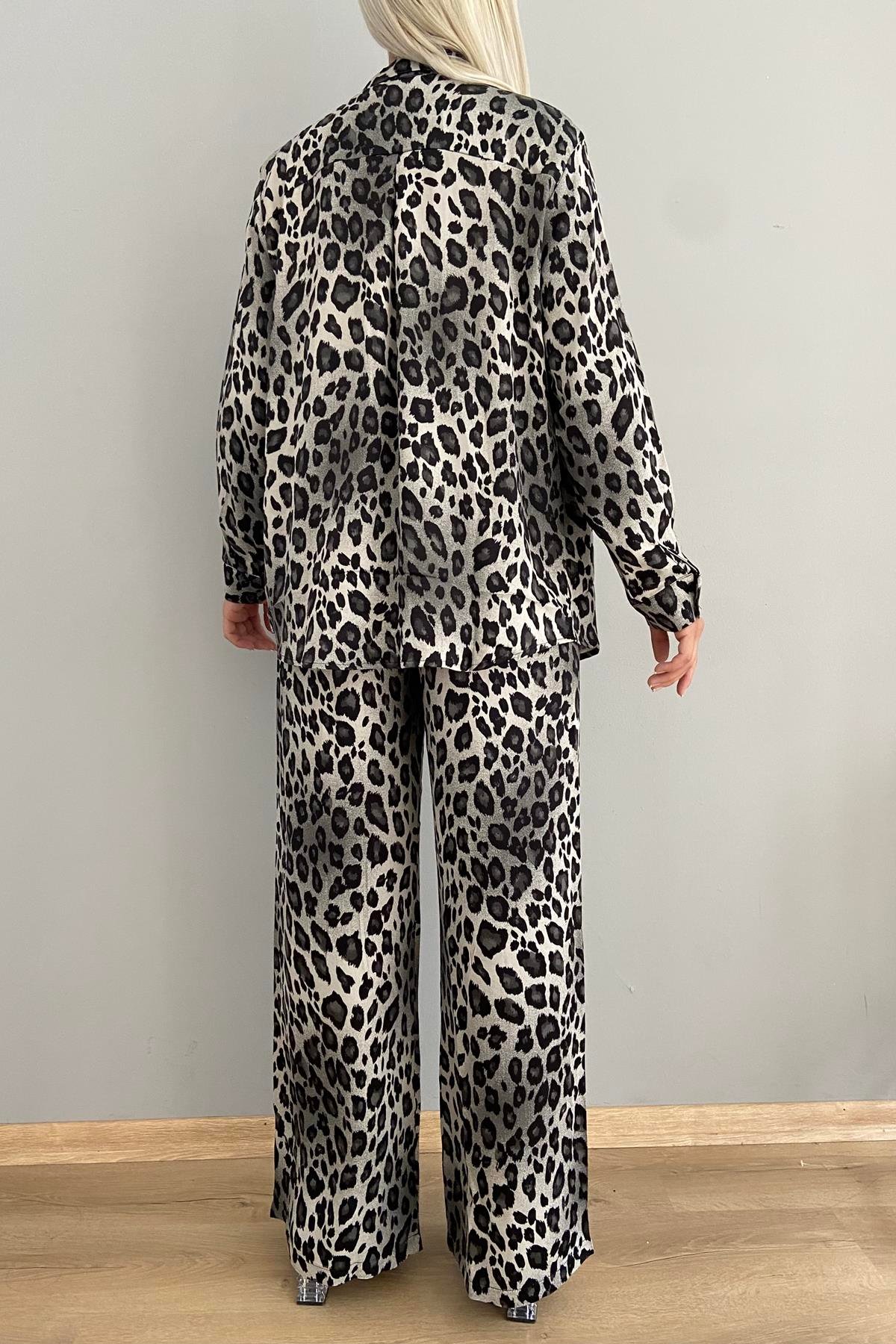GRI DESENLİ LEOPAR SATEN GÖMLEK