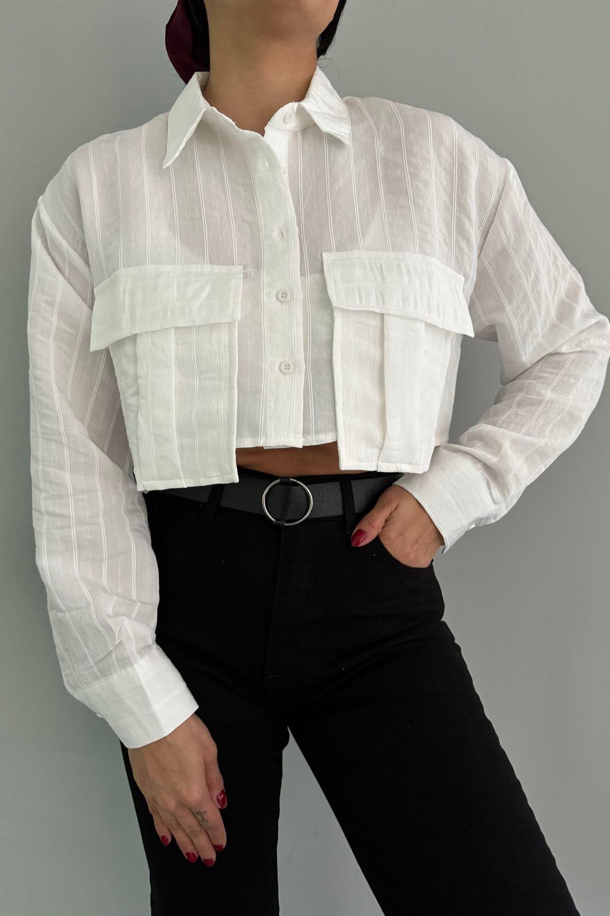 KENDİNDEN ÇİZGİ DETAY CROP GÖMLEK