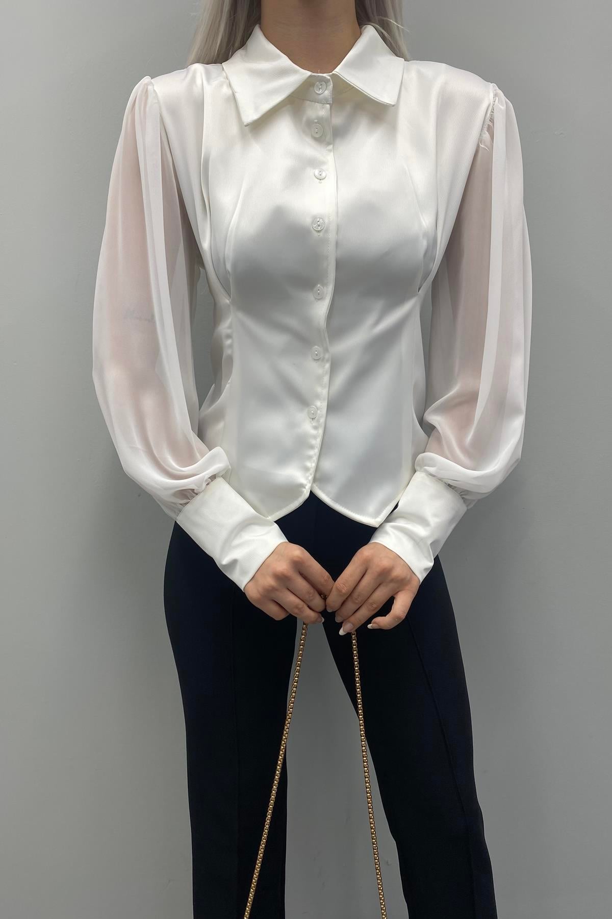 KOL ŞİFON DETAYLI SATEN BLUZ