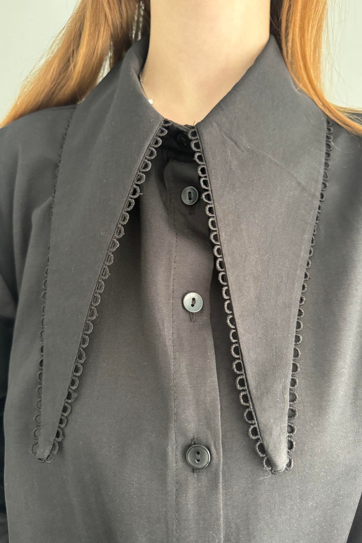 SİVRİ YAKA DANTEL DETAYLI GÖMLEK